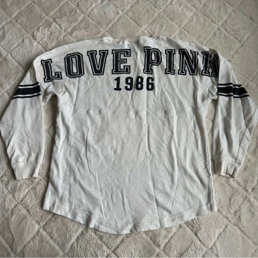Victoria's Secret PINK | FLAWED White & Black Varsity Crew Sweater | Size Medium